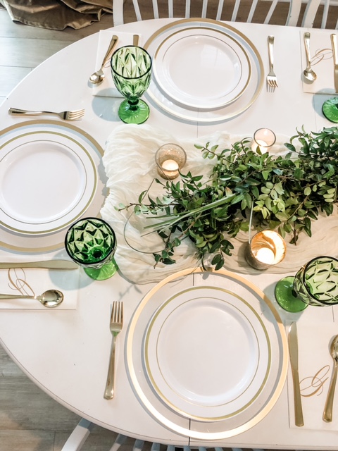 green and gold table setting