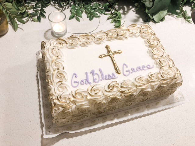 white and gold baptism cake