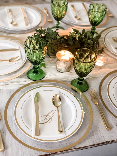 green and gold place setting